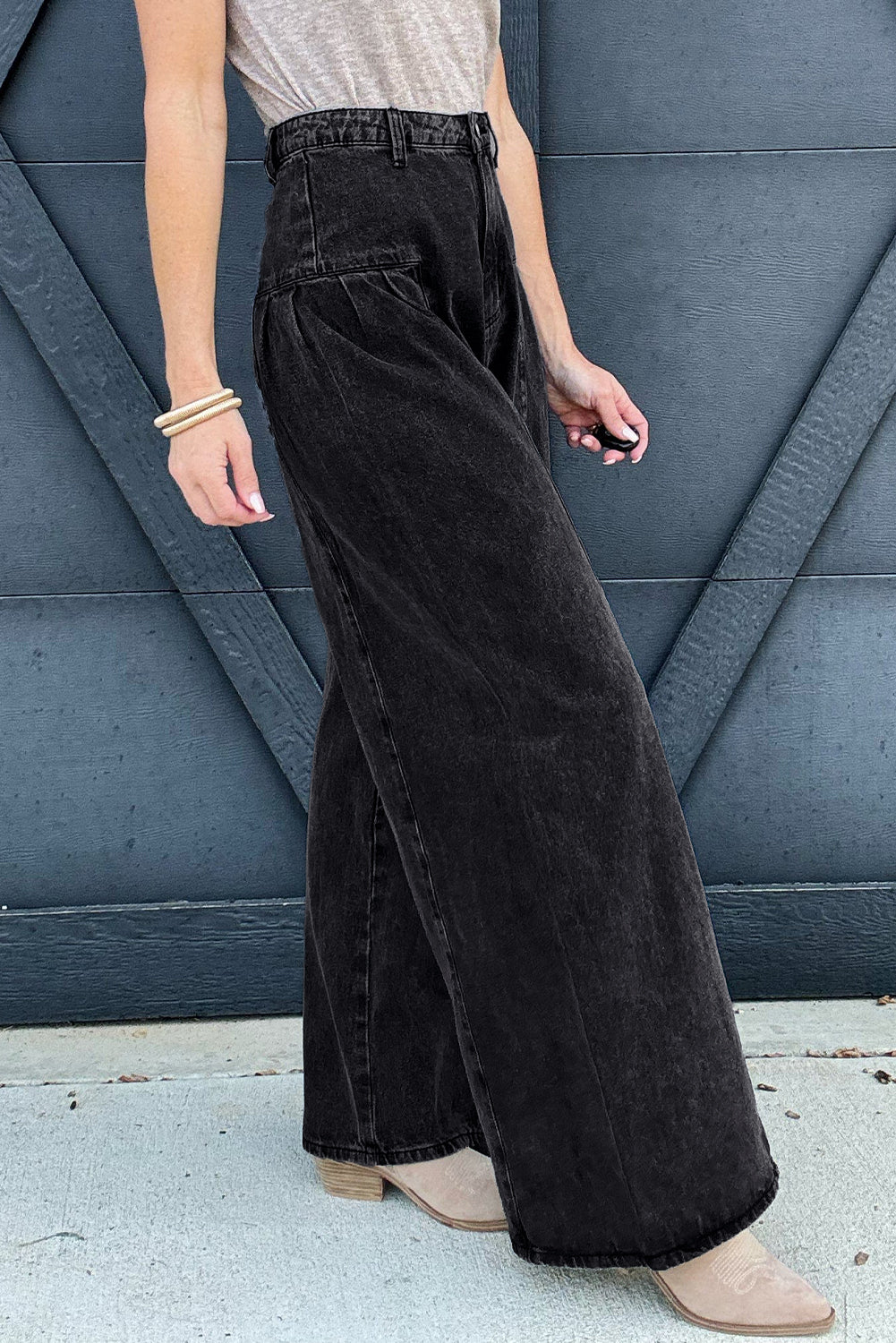 Dark Grey Pleated Wide Leg Mineral Wash Denim Pants-Bottoms/Jeans-[Adult]-[Female]-2022 Online Blue Zone Planet