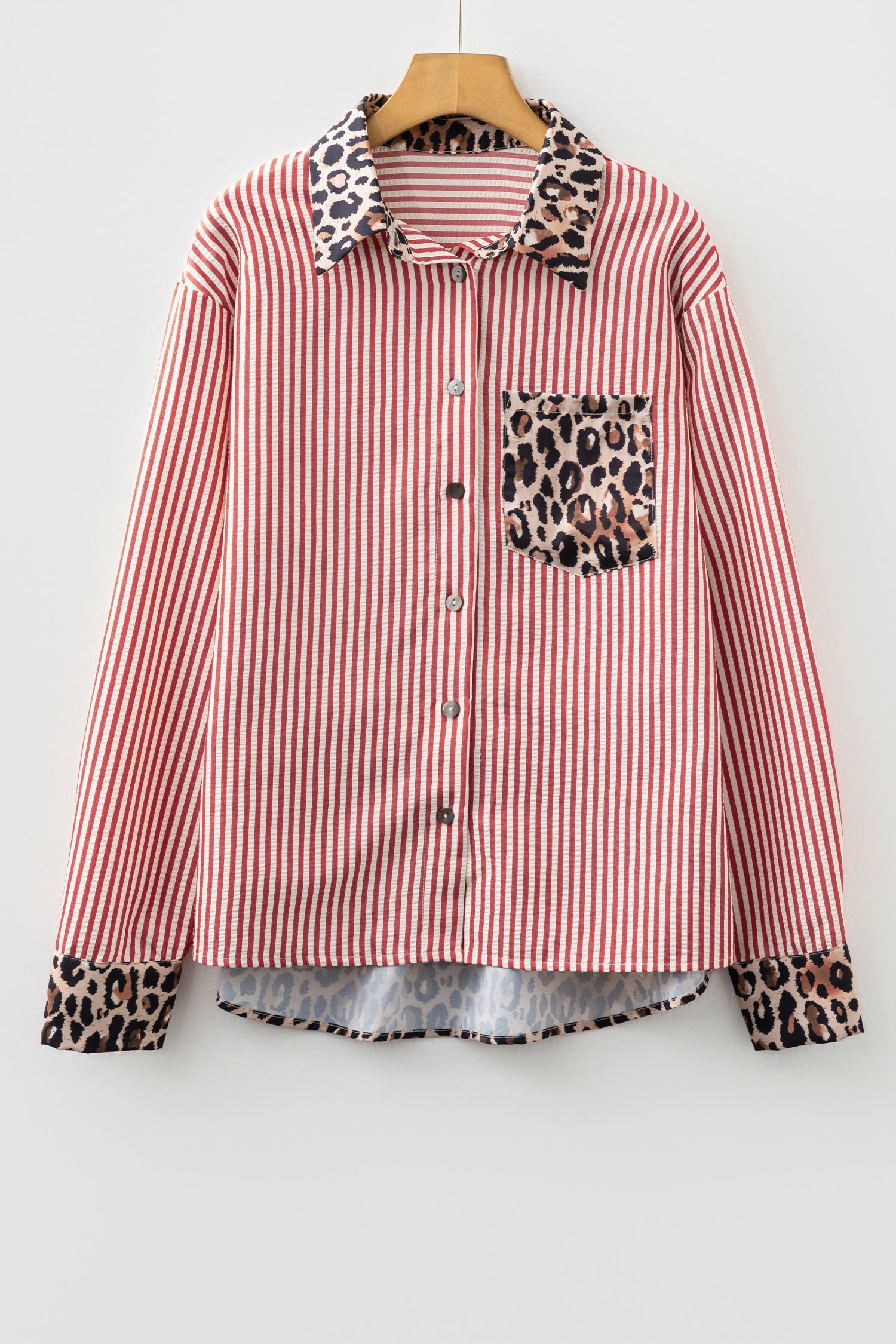 Racing Red Striped Leopard Print Patchwork Button Up Womens Shirt-Tops/Blouses & Shirts-[Adult]-[Female]-2022 Online Blue Zone Planet
