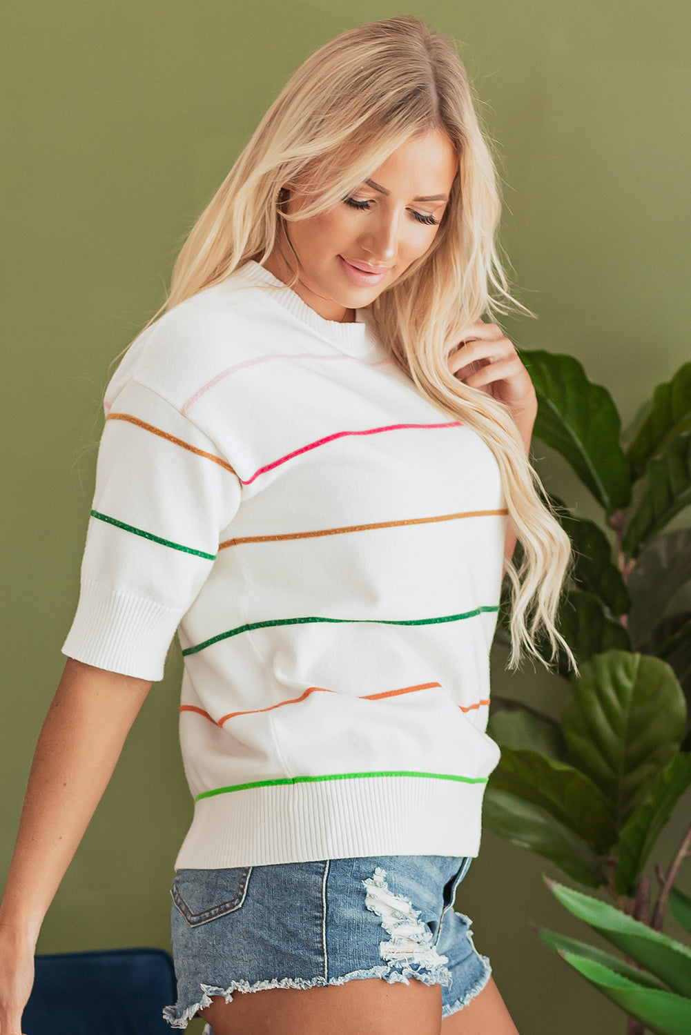 Blue Zone Planet | White Colorblock Striped Half Sleeve Drop Shoulder Sweater-Sweaters & Cardigans/Short Sleeve Sweaters-[Adult]-[Female]-2022 Online Blue Zone Planet