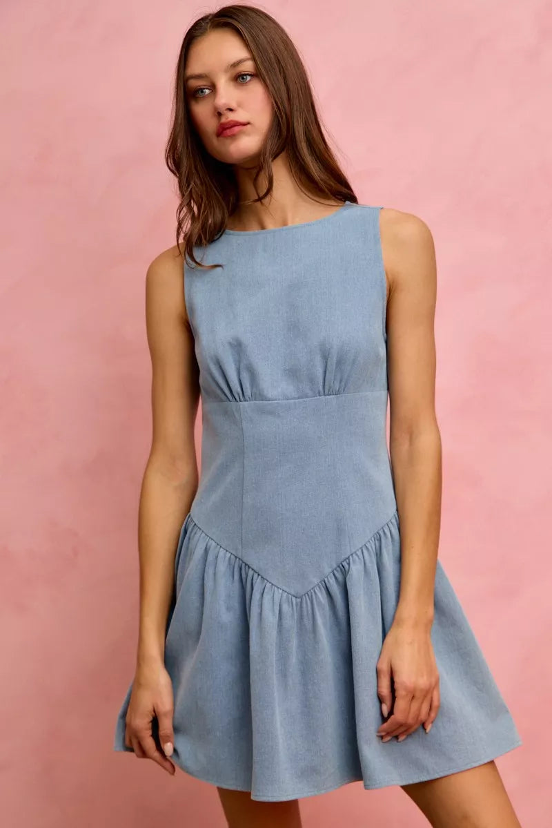 light blue fit and flare dress SO ME Fit And Flare Sleeveless Denim Mini Dress – Blue Zone Planet