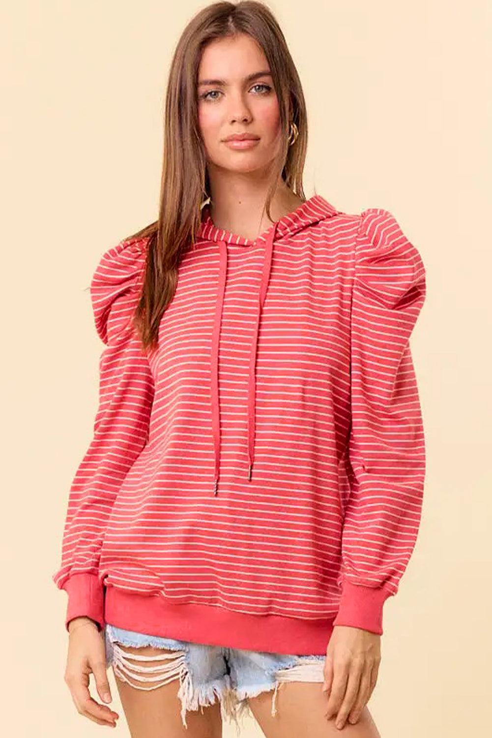 Red Stripe Puff Sleeve Stripe Hoodie-Tops / Dresses-[Adult]-[Female]-2022 Online Blue Zone Planet