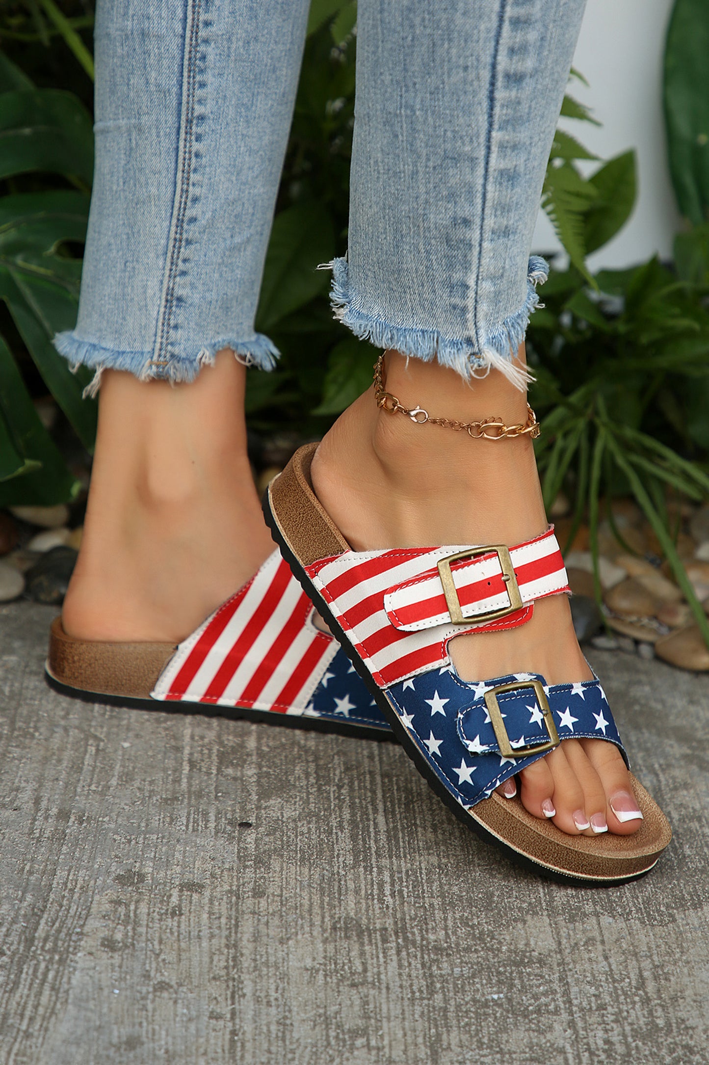 Black white Denim Distressed Retro Buckle Straps Hollowed Faux Suede Slippers