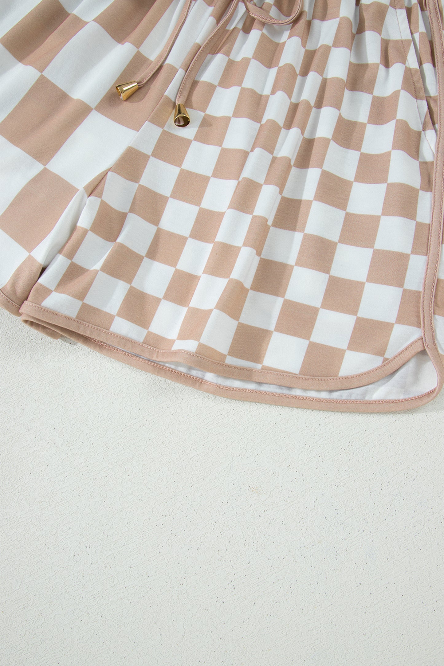 Khaki Double Checkered Print Beaded Drawstring Casual Shorts-Bottoms/Casual Shorts-[Adult]-[Female]-2022 Online Blue Zone Planet