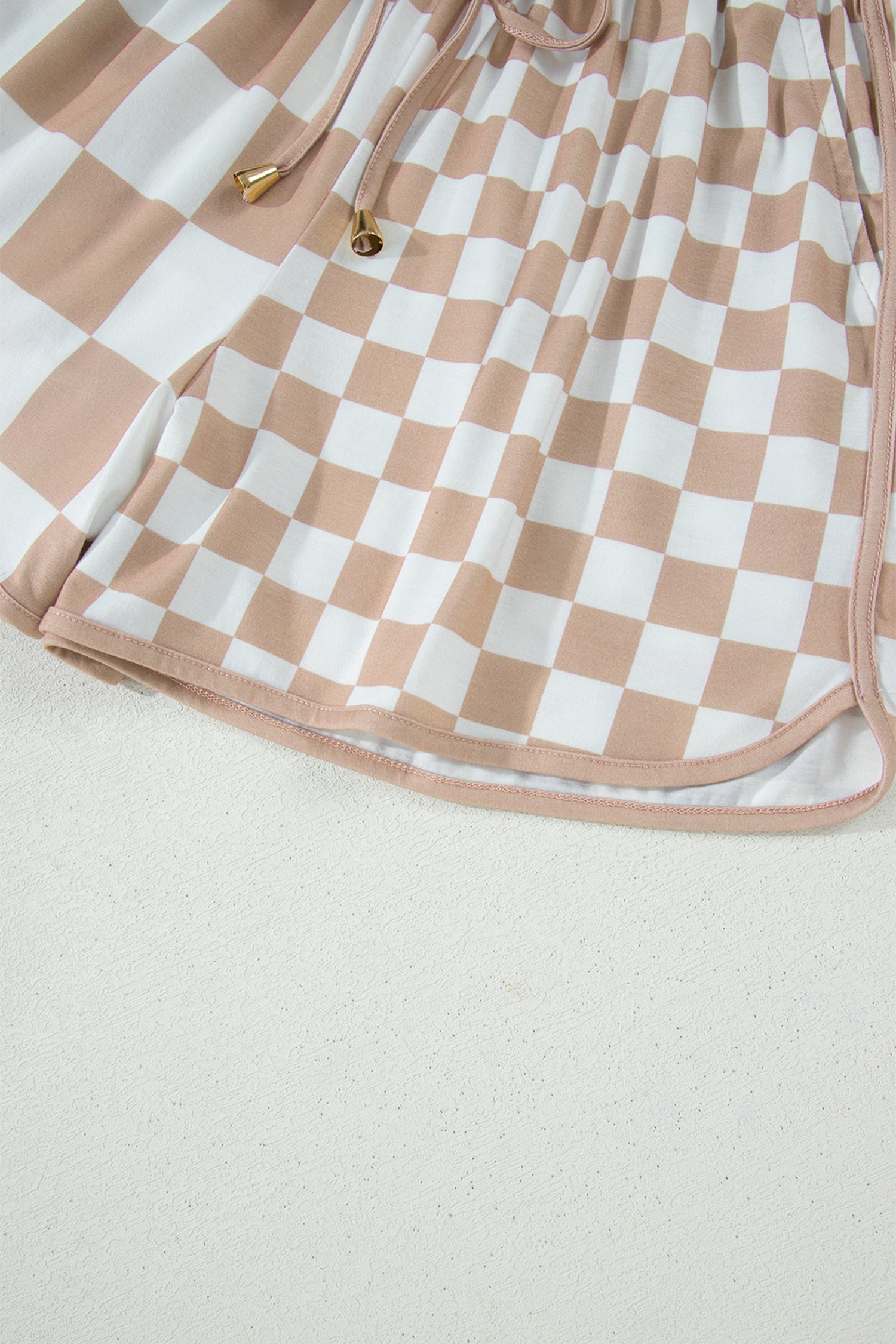 Khaki Double Checkered Print Beaded Drawstring Casual Shorts-Bottoms/Casual Shorts-[Adult]-[Female]-2022 Online Blue Zone Planet