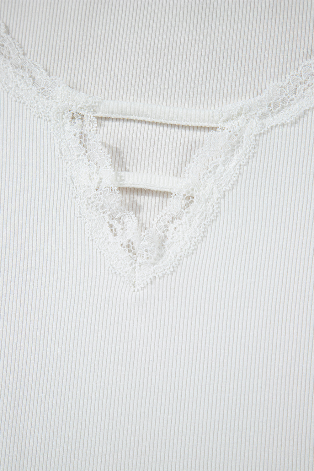 White Lace V Neckline Ribbed Slim Fit T Shirt-Tops/Tops & Tees-[Adult]-[Female]-2022 Online Blue Zone Planet