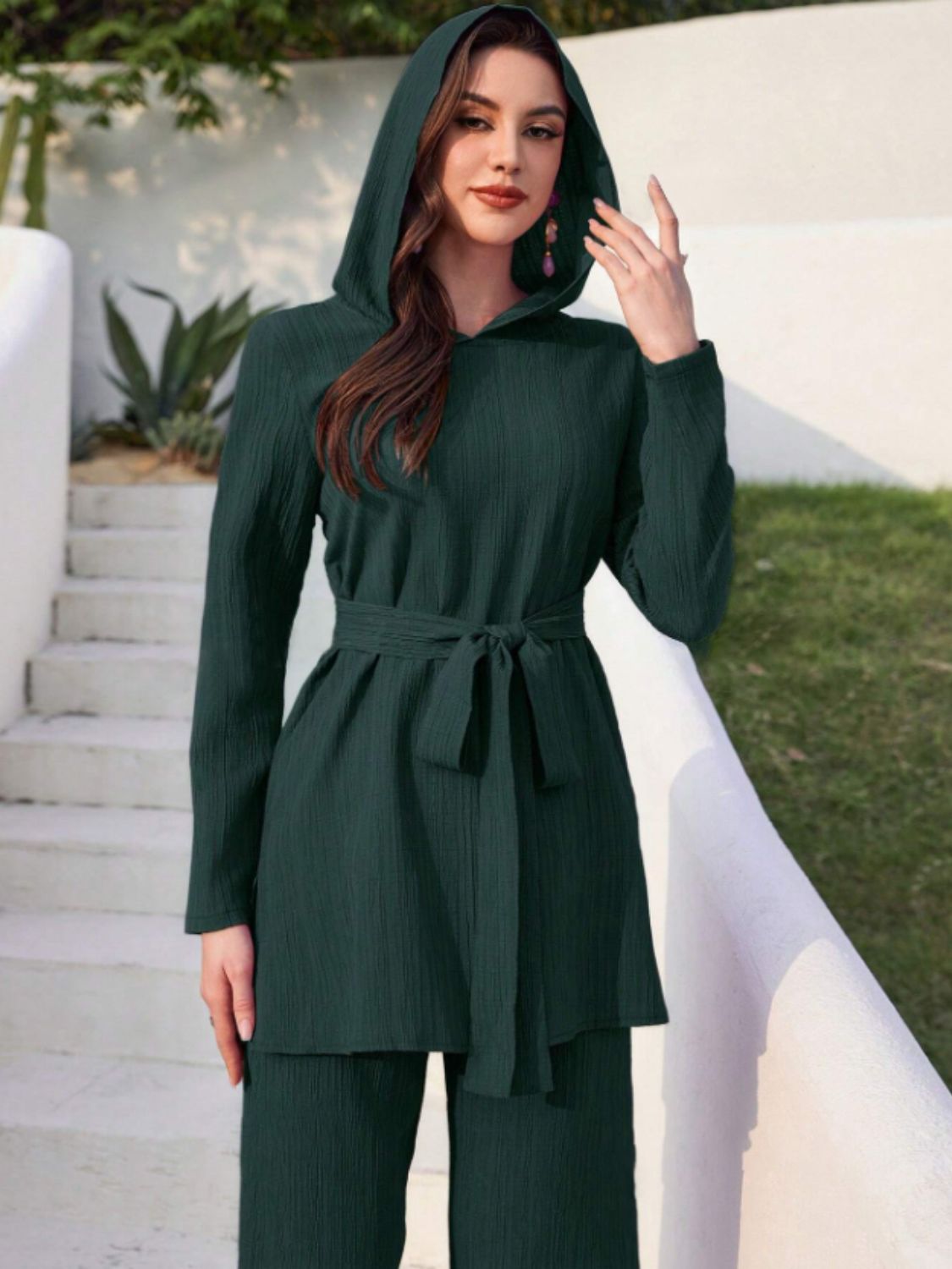 Tied Long Sleeve Hooded Top and Pants Set-TOPS / DRESSES-[Adult]-[Female]-Dark Green-S-2022 Online Blue Zone Planet