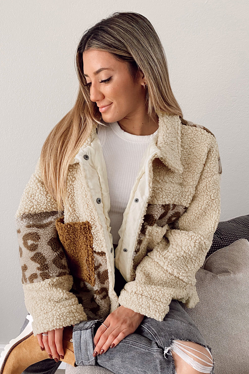 Blue Zone Planet | Beige Leopard Patchwork Snap Buttons Sherpa Jacket-Outerwear/Jackets-[Adult]-[Female]-2022 Online Blue Zone Planet