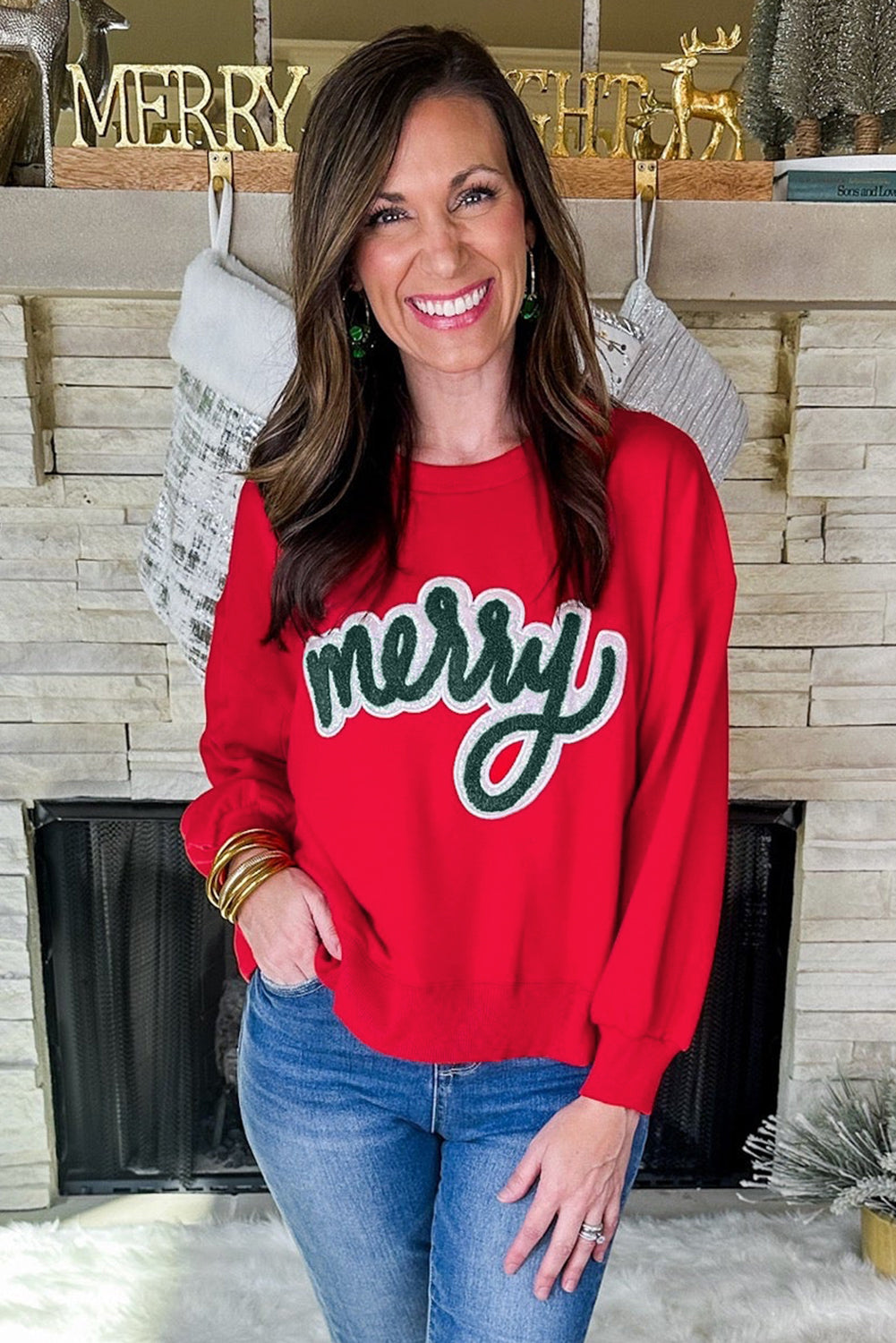 Fiery Red Merry Script Holiday Christmas Graphic Sweatshirt-Tops/Sweatshirts & Hoodies-[Adult]-[Female]-2022 Online Blue Zone Planet