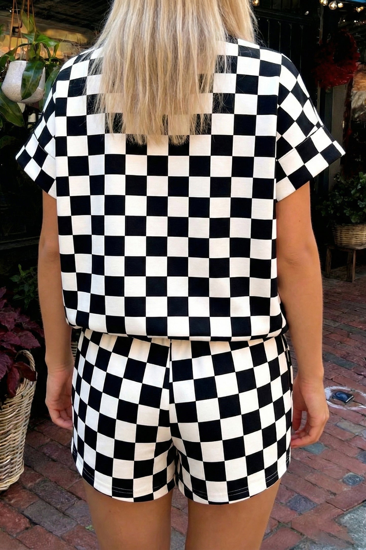 Pink Checkered Print Color Block Trim Mock Neck Short Set-Two Piece Sets/Short Sets-[Adult]-[Female]-2022 Online Blue Zone Planet