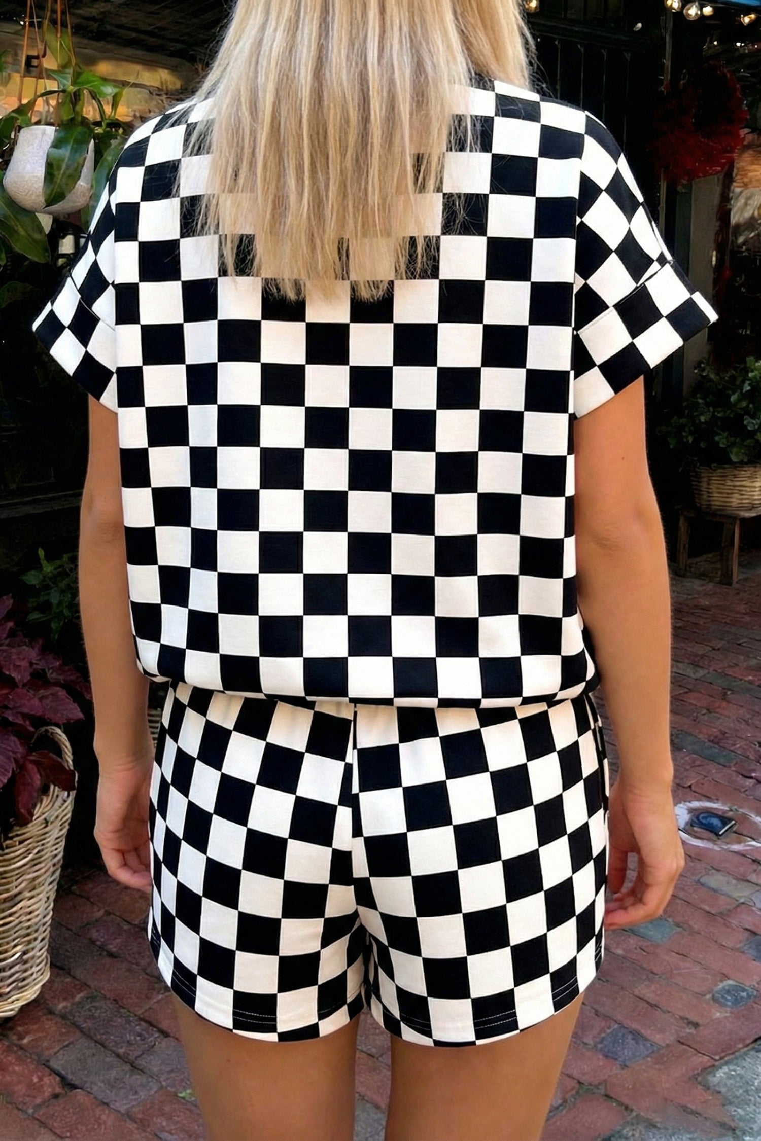 Pink Checkered Print Color Block Trim Mock Neck Short Set-Two Piece Sets/Short Sets-[Adult]-[Female]-2022 Online Blue Zone Planet