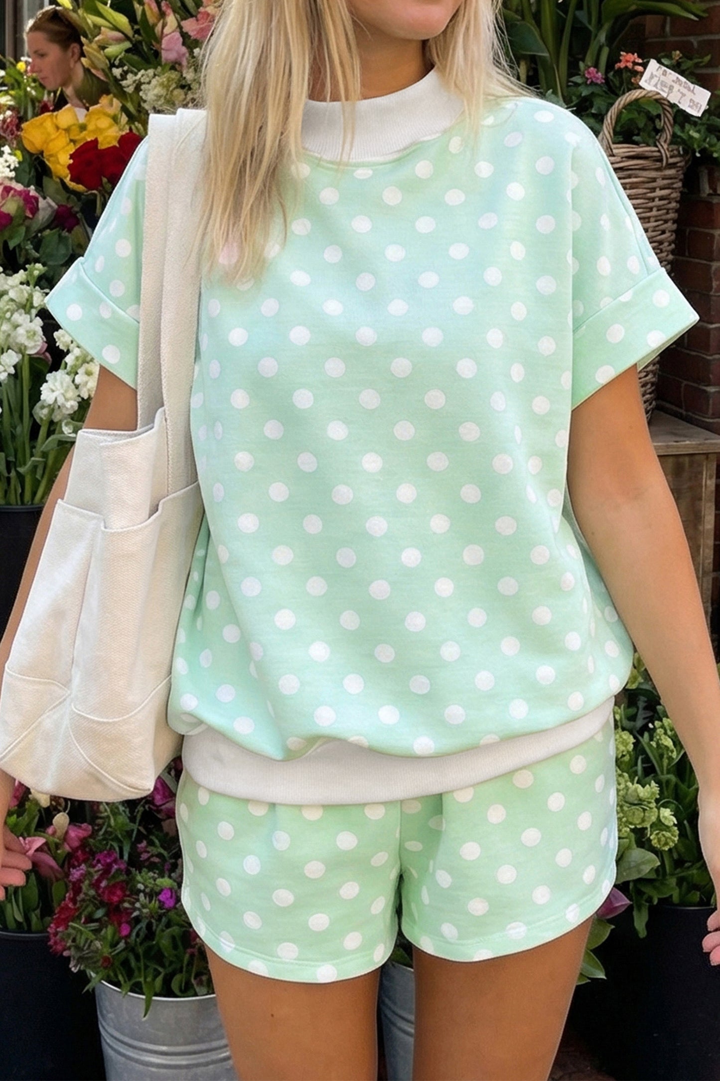 Sky Blue Polka Dot Print Color Block Trim Mock Neck Short Set-Two Piece Sets/Short Sets-[Adult]-[Female]-Green-S-2022 Online Blue Zone Planet