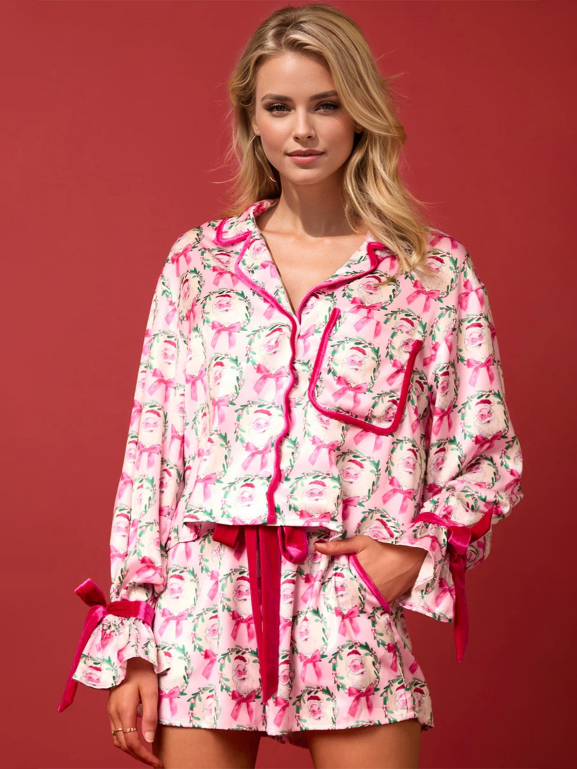 Blue Zone Planet | Christmas Tied Printed Collared Neck Long Sleeve Top and Shorts Set-TOPS / DRESSES-[Adult]-[Female]-Pink-S-2022 Online Blue Zone Planet