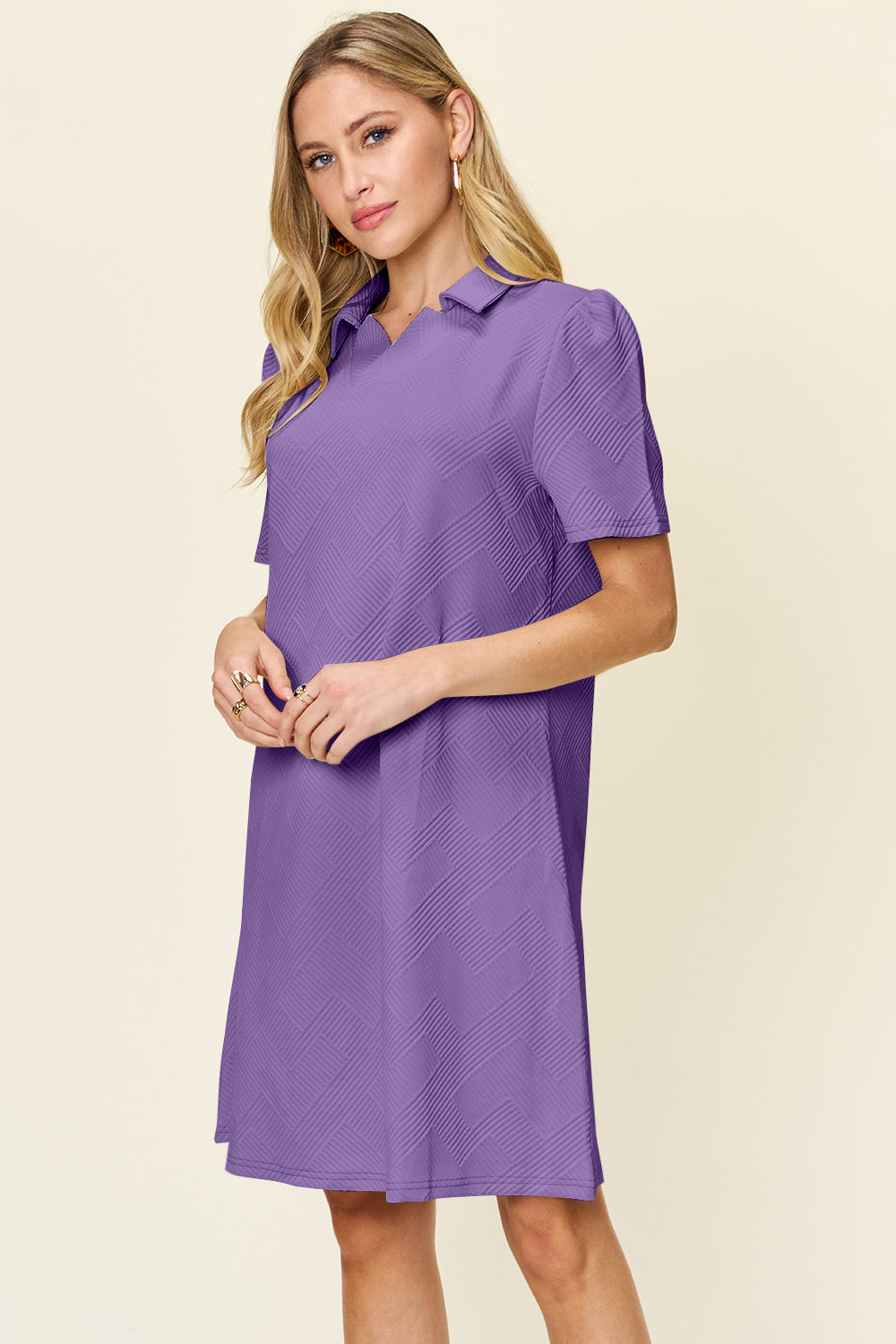 Blue Zone Planet | Double Take Full Size Texture Collared Neck Short Sleeve Dress-TOPS / DRESSES-[Adult]-[Female]-2022 Online Blue Zone Planet