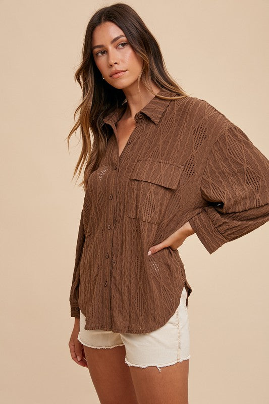 Annie Wear Openwork Button Down Drop Shoulder Shirt-TOPS / DRESSES-[Adult]-[Female]-Brown-S-2022 Online Blue Zone Planet