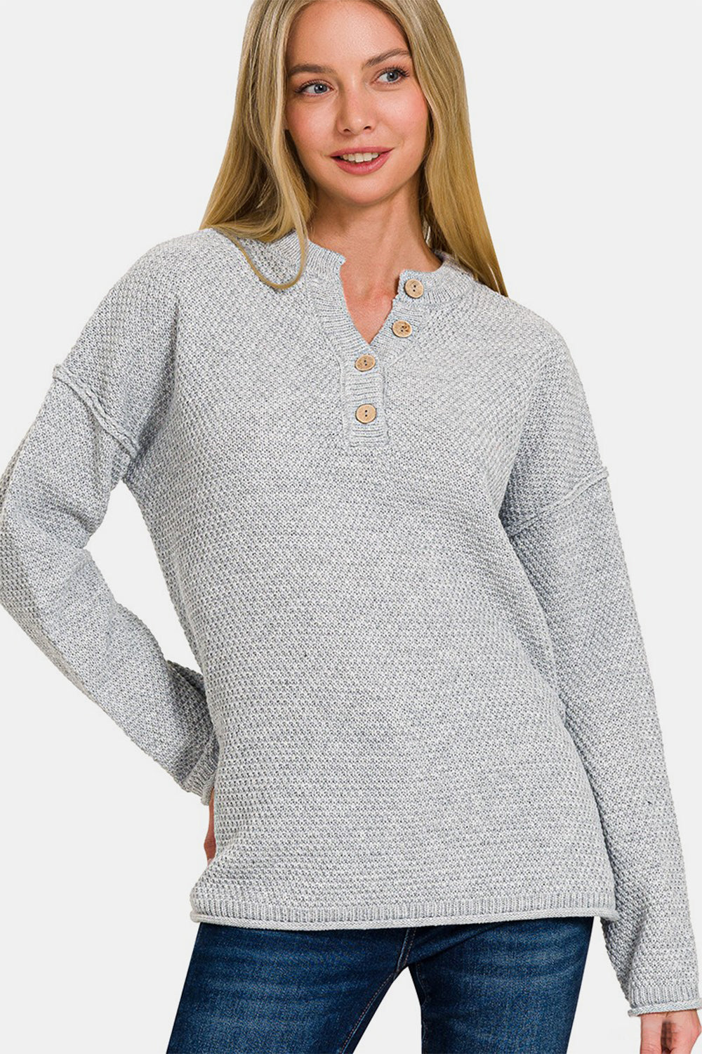 Blue Zone Planet | Zenana Button Closure Drop Shoulder Sweater-TOPS / DRESSES-[Adult]-[Female]-Grey-S/M-2022 Online Blue Zone Planet