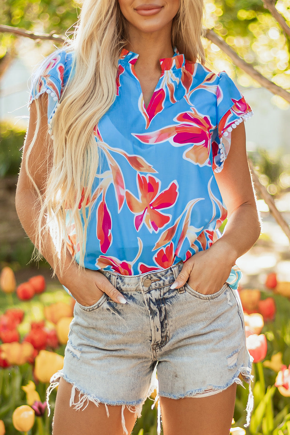Sky Blue Floral Print V Neck Pompom Trim Flutter Sleeve Blouse-Tops/Blouses & Shirts-[Adult]-[Female]-2022 Online Blue Zone Planet