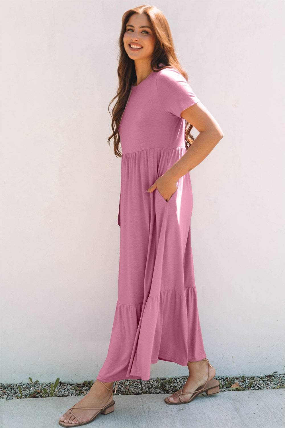 Pink Solid Color T-shirt High Waist Pocketed Long Dress-TOPS / DRESSES-[Adult]-[Female]-2022 Online Blue Zone Planet