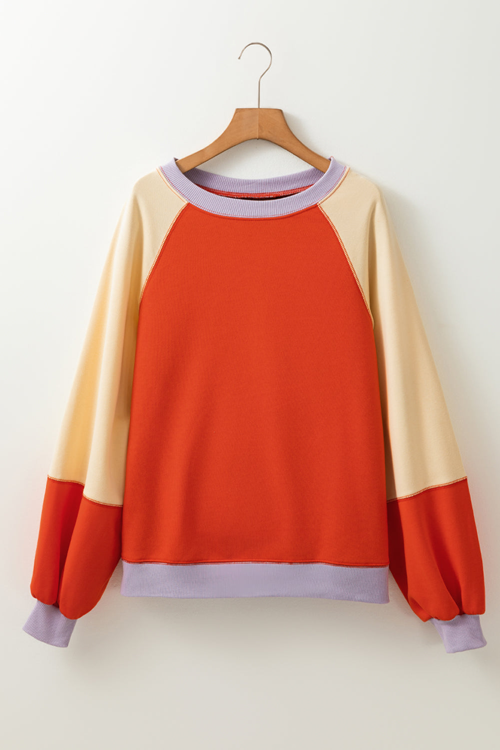 Orange Color Block Side Slits Raglan Sleeve Loose Fit Top-Tops/Long Sleeve Tops-[Adult]-[Female]-2022 Online Blue Zone Planet