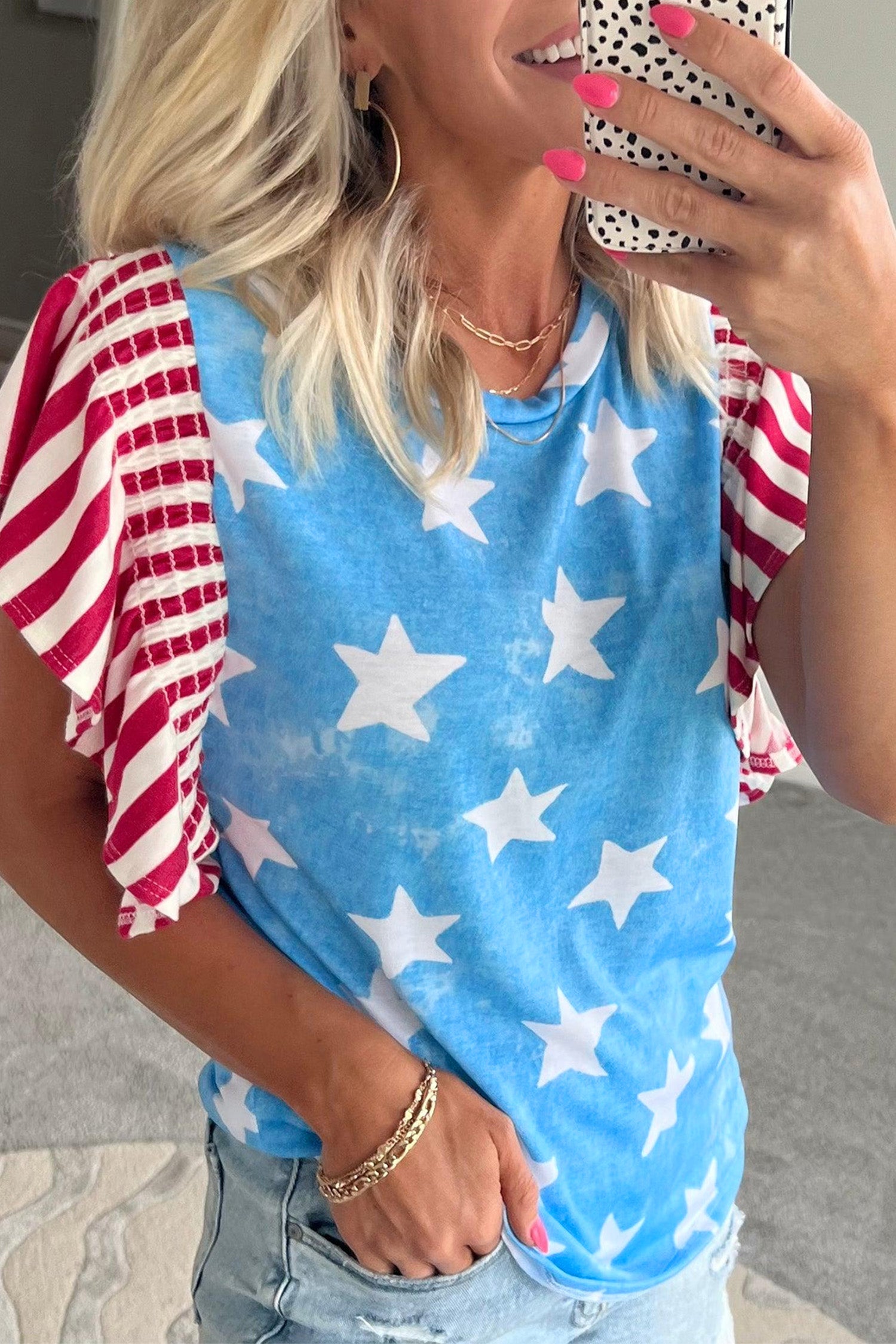 Sky Blue Vintage Star Print Striped Ruffle Sleeve Independence Day Top-Tops/Tops & Tees-[Adult]-[Female]-Sky Blue-S-2022 Online Blue Zone Planet