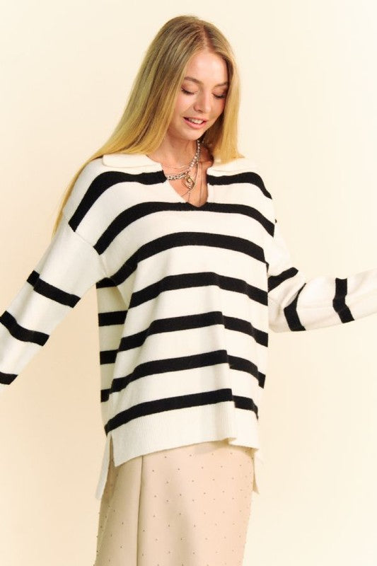 Davi & Dani High-Low Side Slit Striped Johnny Collar Sweater-TOPS / DRESSES-[Adult]-[Female]-2022 Online Blue Zone Planet