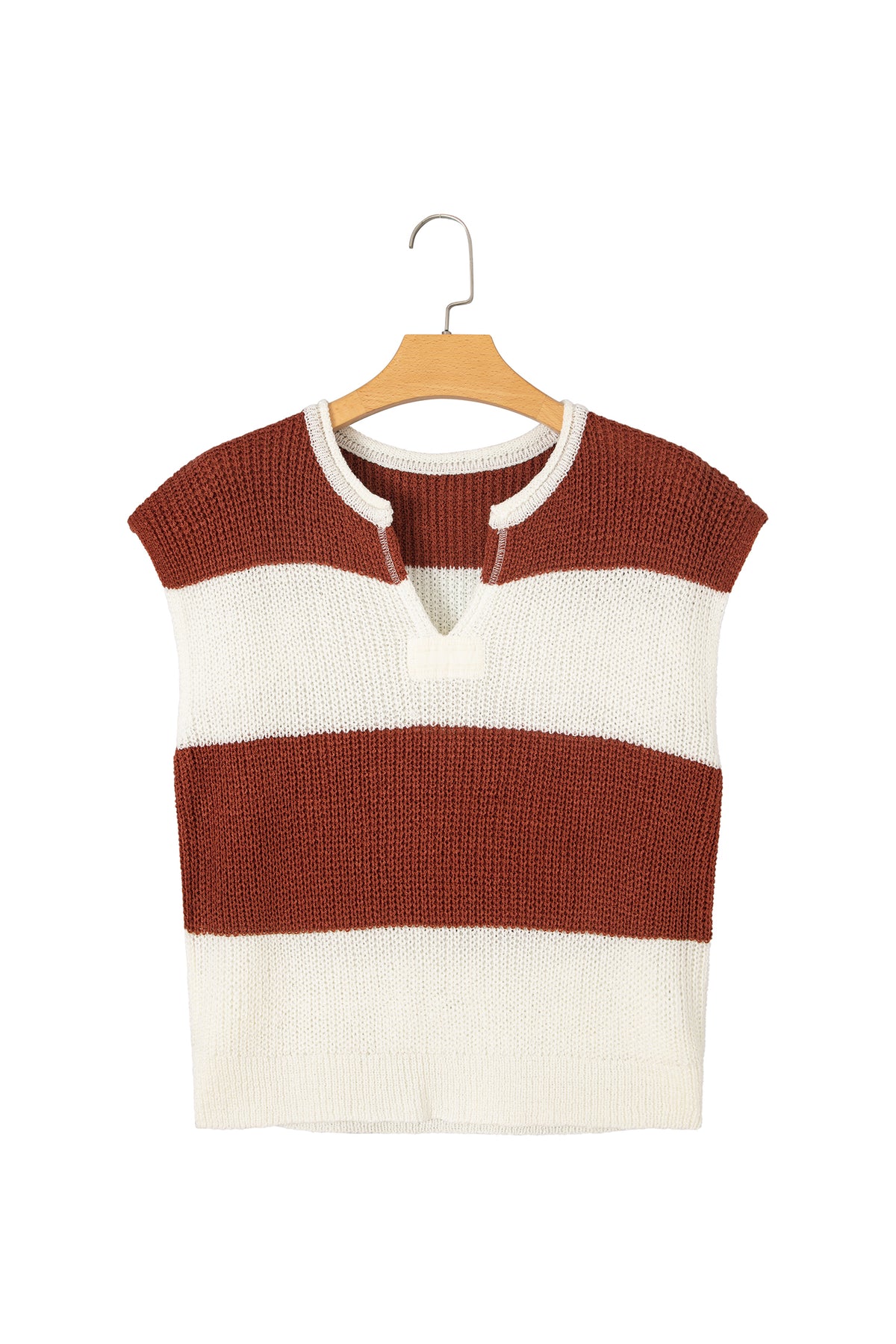 Brown Stripe Striped Colorblock Knit V Neck Short Sleeve Loose Sweater-Sweaters & Cardigans/Short Sleeve Sweaters-[Adult]-[Female]-2022 Online Blue Zone Planet