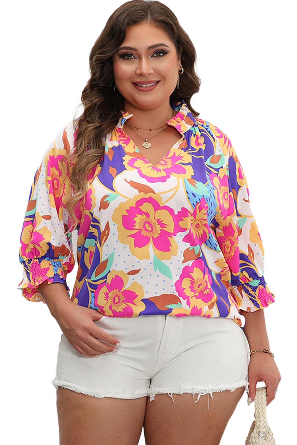 Rose Red Floral Print Split Neck Short Puff Sleeve Plus Blouse-Plus Size/Plus Size Tops/Plus Size Blouses & Shirts-[Adult]-[Female]-2022 Online Blue Zone Planet