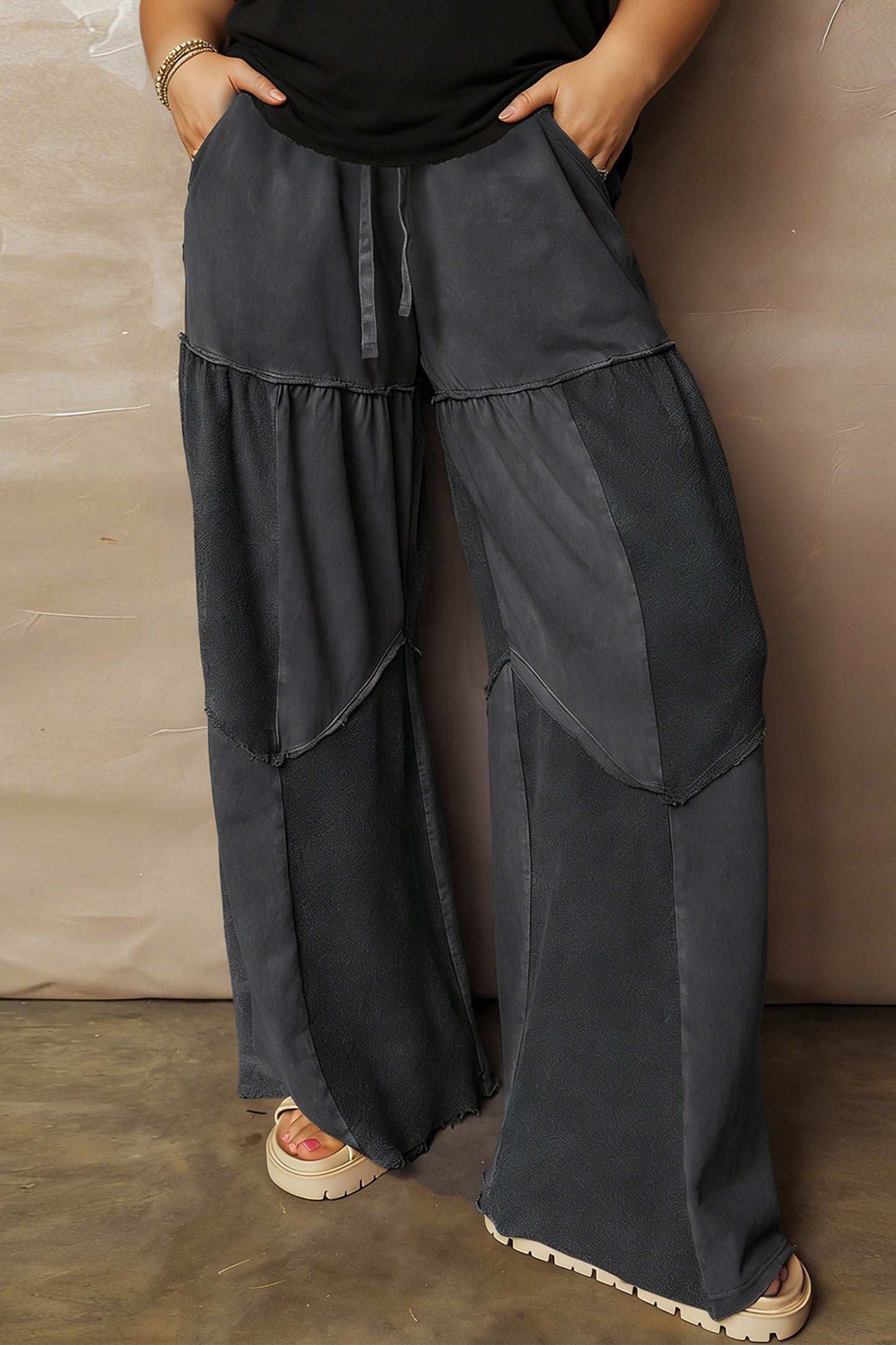 Black Plus Size Mineral Wash Exposed Seam Patchwork Drawstring Loose Pants-Plus Size/Plus Size Bottoms-[Adult]-[Female]-Black-1X-2022 Online Blue Zone Planet