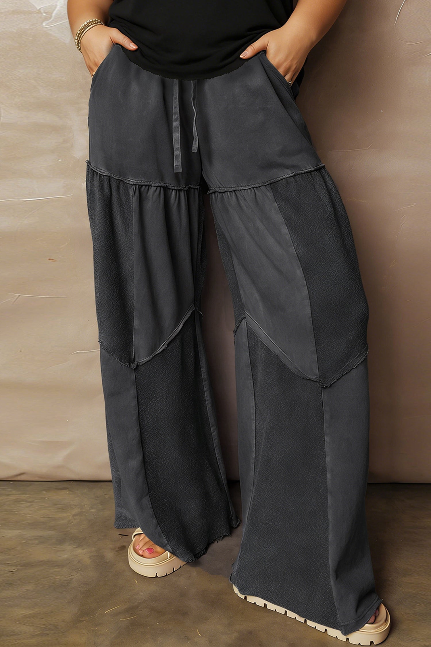 Black Plus Size Mineral Wash Exposed Seam Patchwork Drawstring Loose Pants-Plus Size/Plus Size Bottoms-[Adult]-[Female]-Black-1X-2022 Online Blue Zone Planet