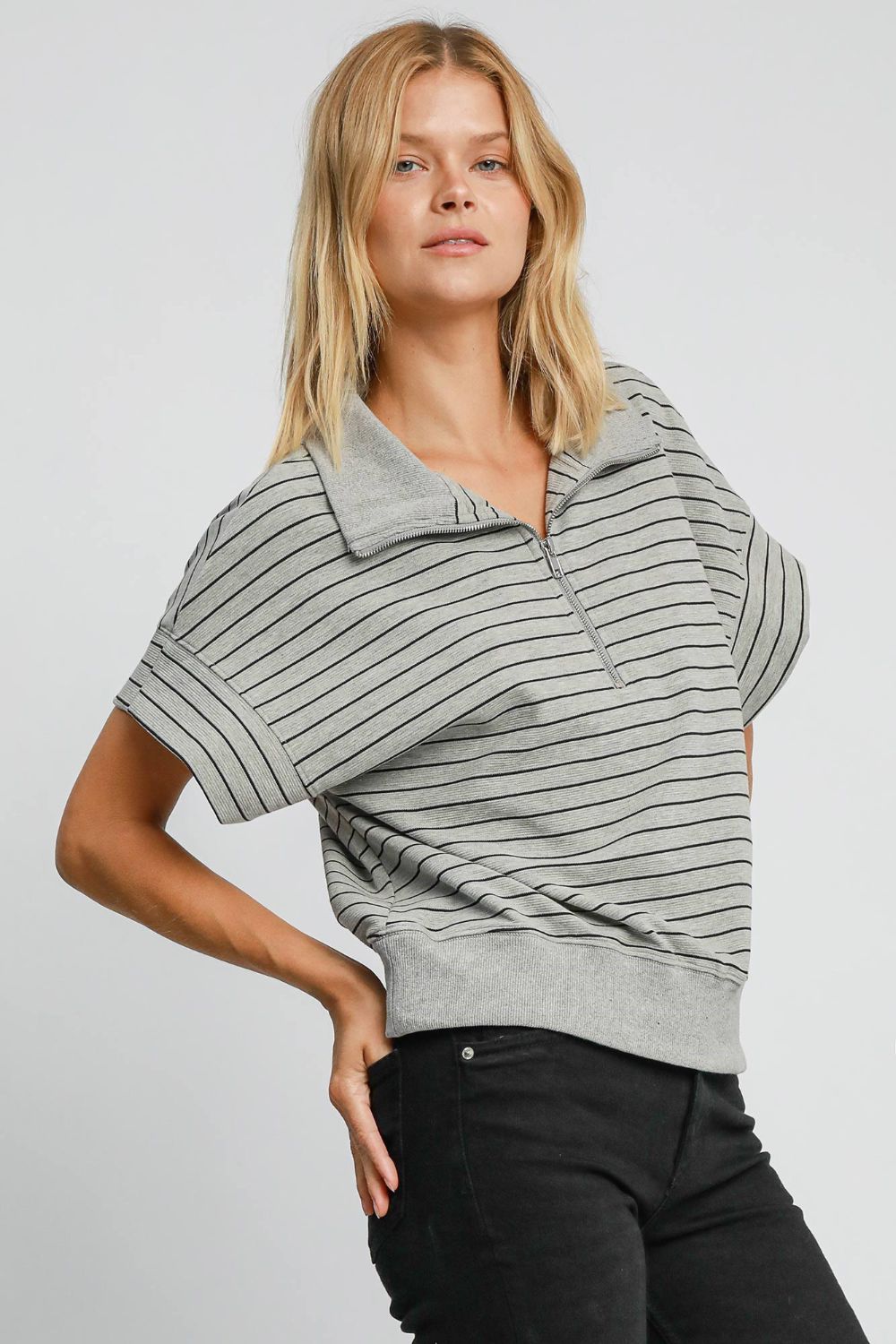 Umgee Striped Half Zip Short Sleeve Sweatshirt-TOPS / DRESSES-[Adult]-[Female]-2022 Online Blue Zone Planet