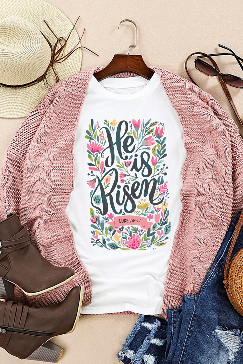 White He is Risen Floral Printed T Shirt-Graphic/Graphic Tees-[Adult]-[Female]-2022 Online Blue Zone Planet