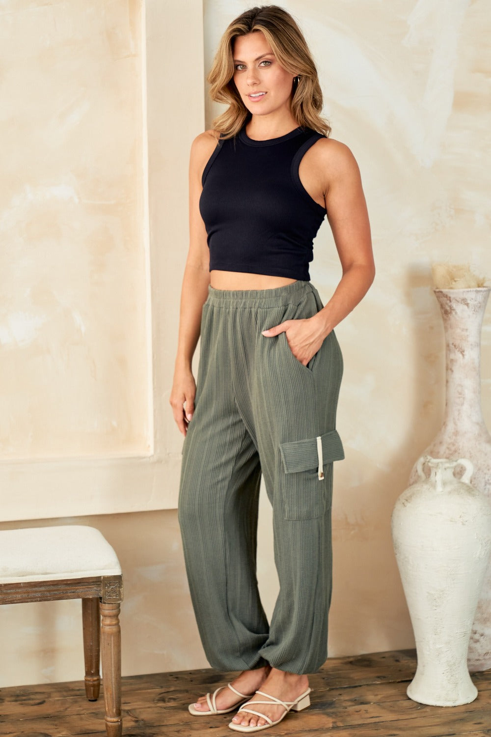 Hailey & Co Textured Rib Cargo Pants-BOTTOMS SIZES SMALL MEDIUM LARGE-[Adult]-[Female]-2022 Online Blue Zone Planet