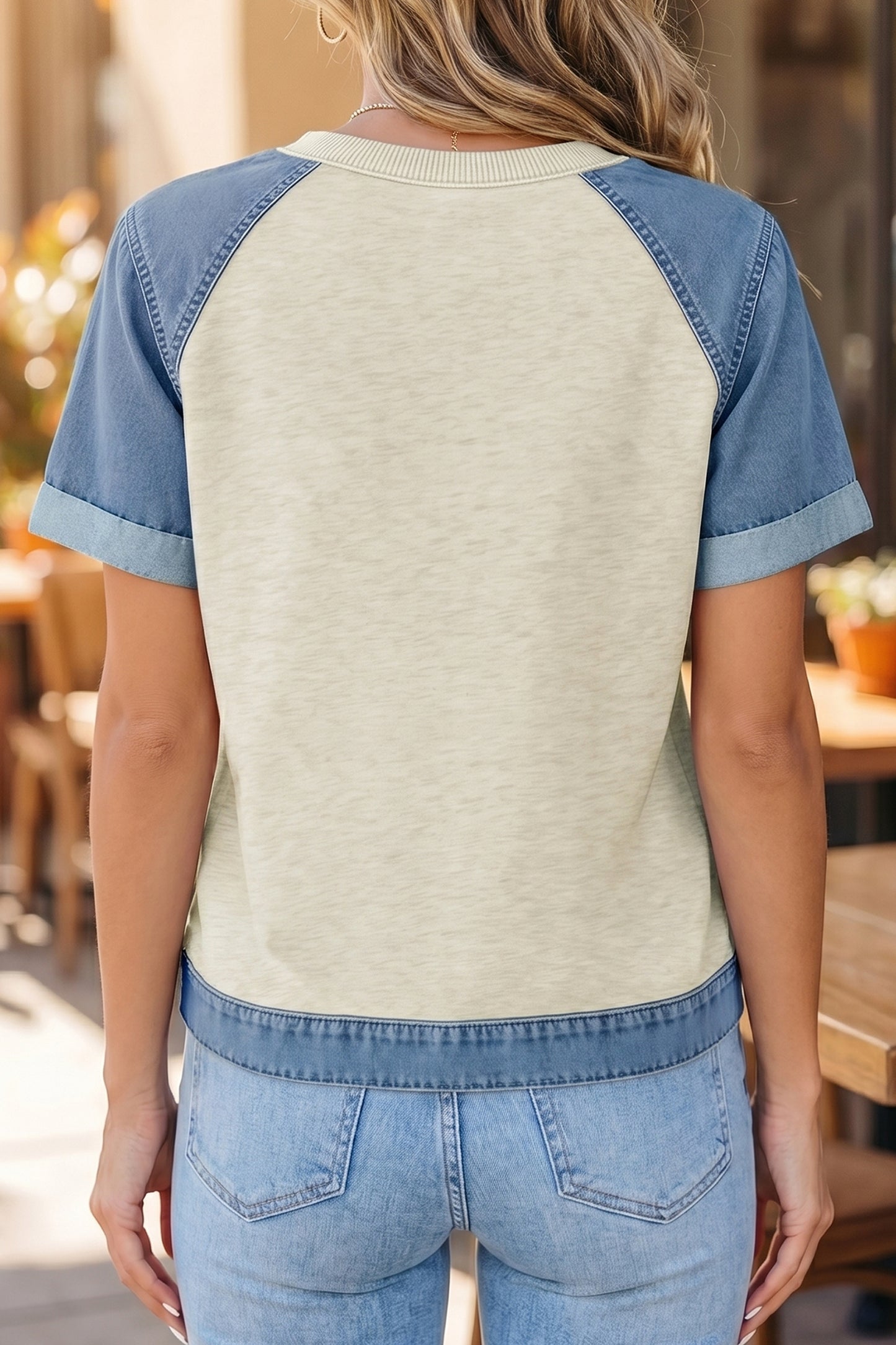 Beige Denim Color Block Patchwork Round Neck Tee-Tops/Tops & Tees-[Adult]-[Female]-2022 Online Blue Zone Planet