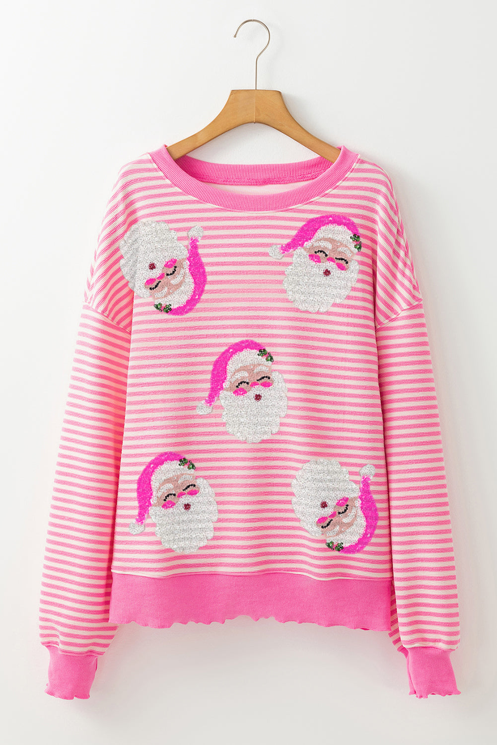 Pink Stripe Santa Clause Print Drop Shoulder Long Sleeve Loose Top-Graphic Tees-[Adult]-[Female]-2022 Online Blue Zone Planet