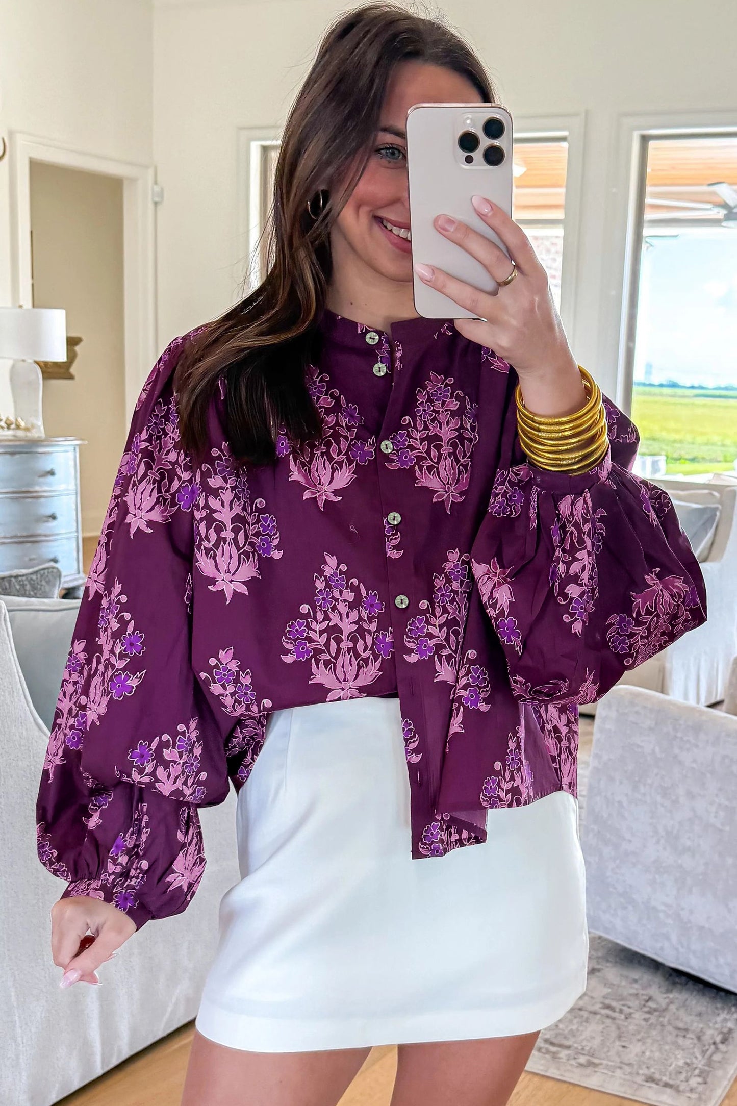 Purple Floral Print Button-Up Long Puff Sleeve Loose Shirt-Tops/Blouses & Shirts-[Adult]-[Female]-2022 Online Blue Zone Planet