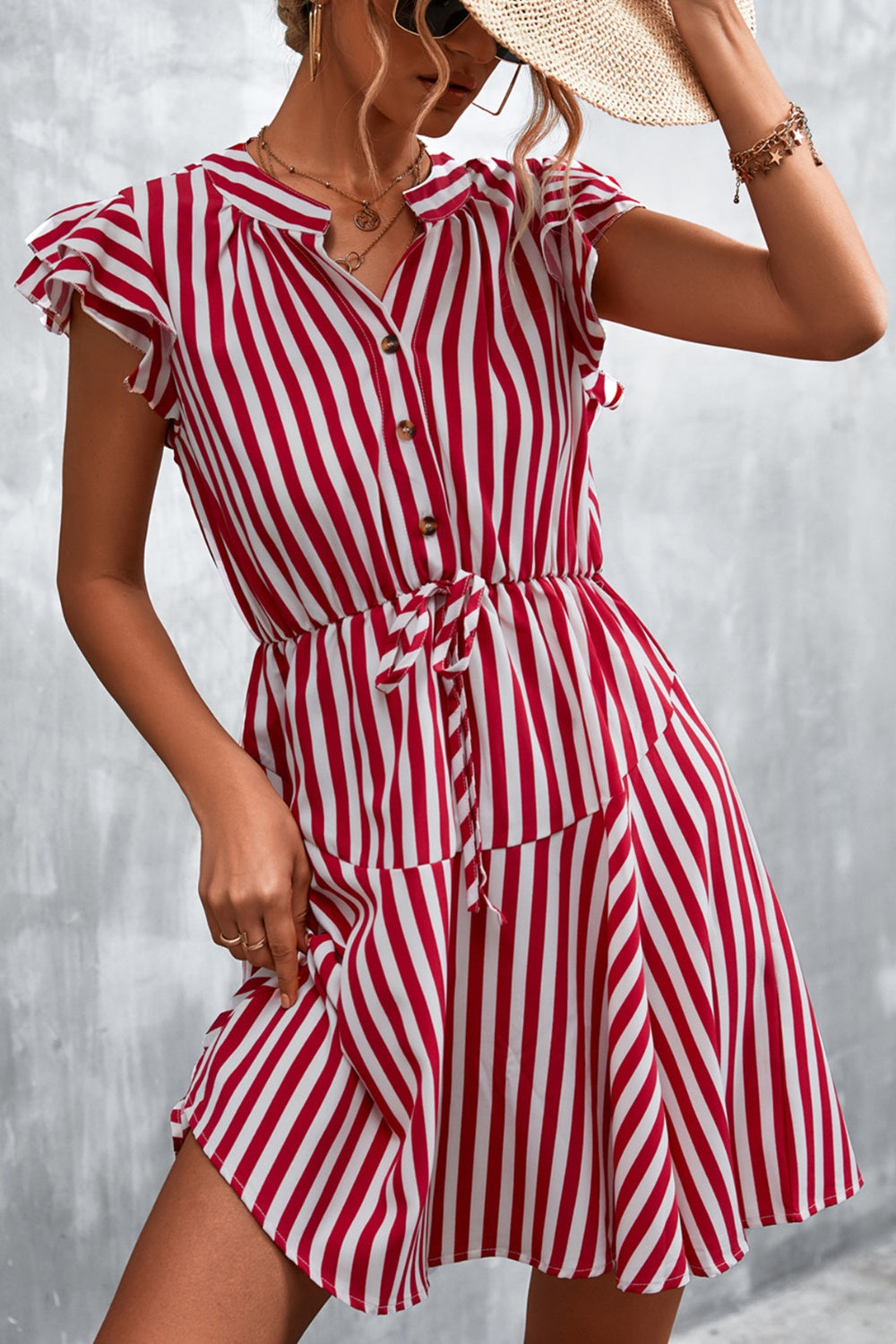 Ruffled Striped Cap Sleeve Mini Dress-TOPS / DRESSES-[Adult]-[Female]-Deep Red-S-2022 Online Blue Zone Planet