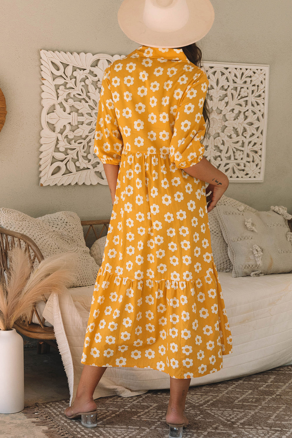 Yellow Flower Print Bracelet Sleeve Buttons Collared Maxi Dress-Dresses/Maxi Dresses-[Adult]-[Female]-2022 Online Blue Zone Planet