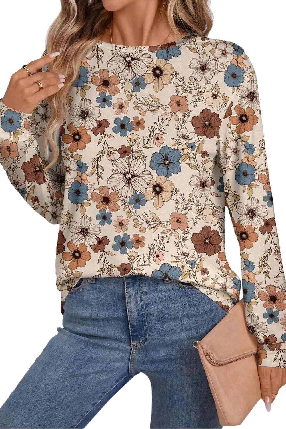 Khaki Allover Floral Print Crew Neck Long Sleeve Top-Long Sleeve Tops-[Adult]-[Female]-2022 Online Blue Zone Planet