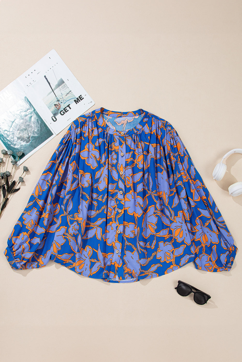 Blue Zone Planet | Pink Floral Print Batwing Sleeve Button Loose Fit Blouse-Blouses-[Adult]-[Female]-2022 Online Blue Zone Planet