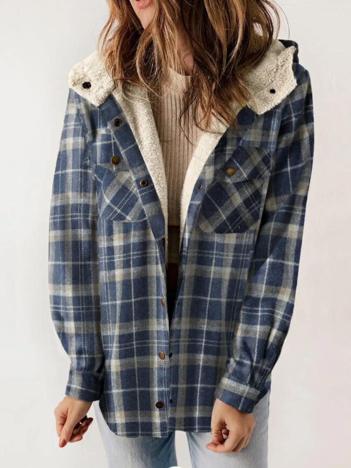 Plaid Snap Down Plush Hooded Jacket-TOPS / DRESSES-[Adult]-[Female]-Dusty Blue-S-2022 Online Blue Zone Planet