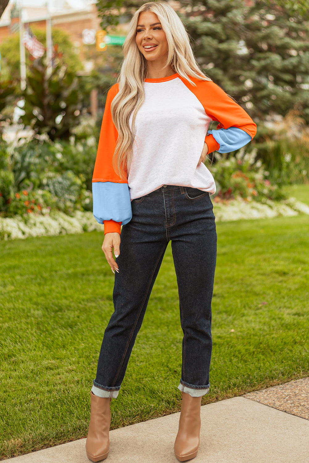 Light Grey Color Block Raglan Sleeve Contrast Stitching Loose Fit Top-Tops/Long Sleeve Tops-[Adult]-[Female]-2022 Online Blue Zone Planet
