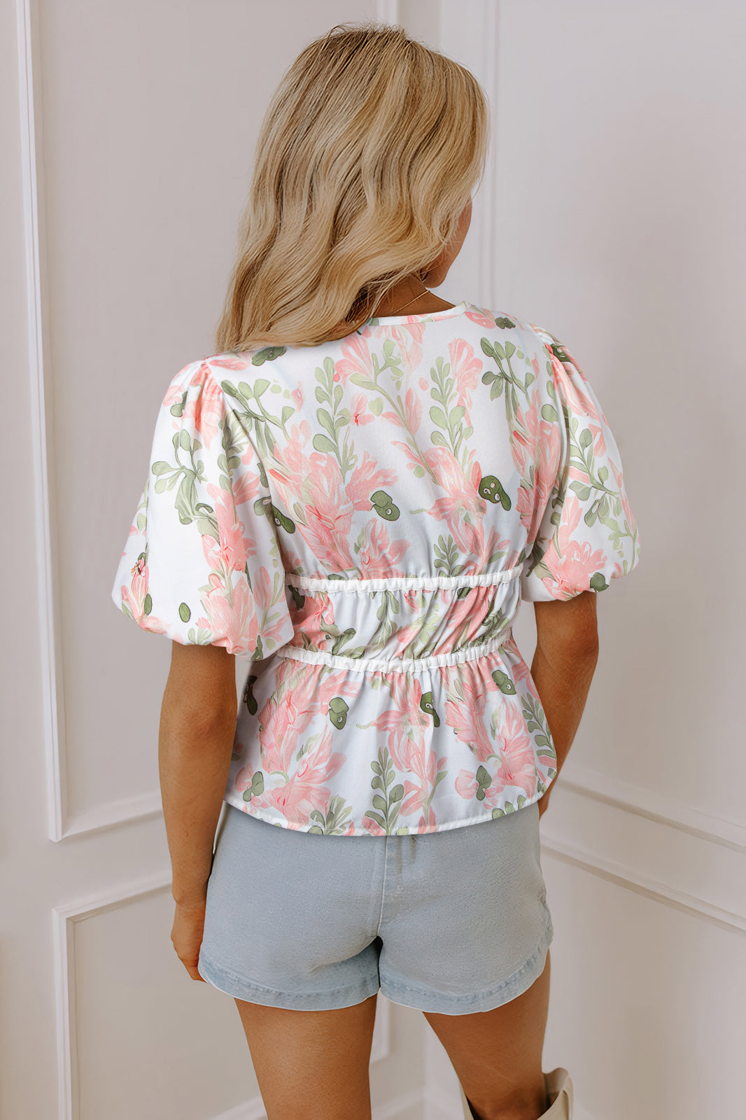 Pink Floral Puff Sleeve V Neck Tied Front Peplum Blouse-Tops/Blouses & Shirts-[Adult]-[Female]-2022 Online Blue Zone Planet