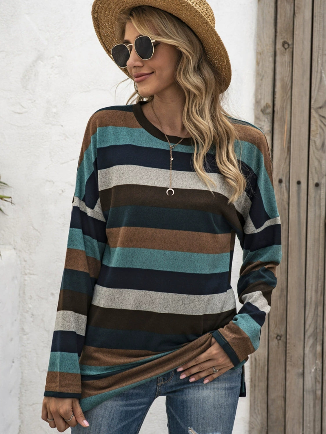 Full Size Striped Round Neck Long Sleeve T-Shirt Plus Size-TOPS / DRESSES-[Adult]-[Female]-2022 Online Blue Zone Planet