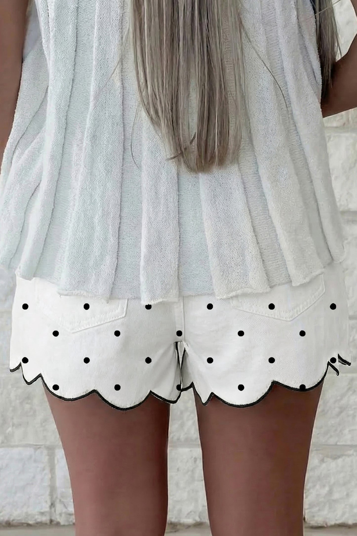 White Polka Dot Print Embroidered Scallop Hem Shorts-Bottoms/Casual Shorts-[Adult]-[Female]-2022 Online Blue Zone Planet