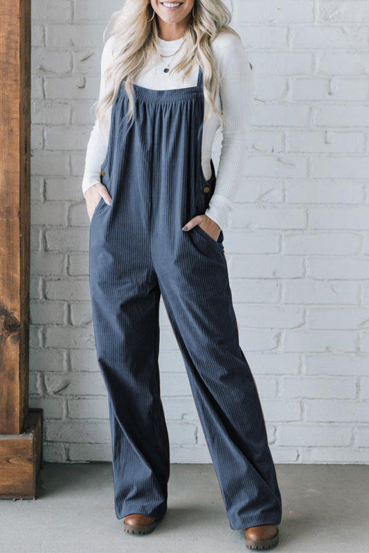 Real Teal Button Adjustable Straps Solid Color Corduroy Jumpsuit-Bottoms/Jumpsuits & Rompers-[Adult]-[Female]-Real Teal-S-2022 Online Blue Zone Planet