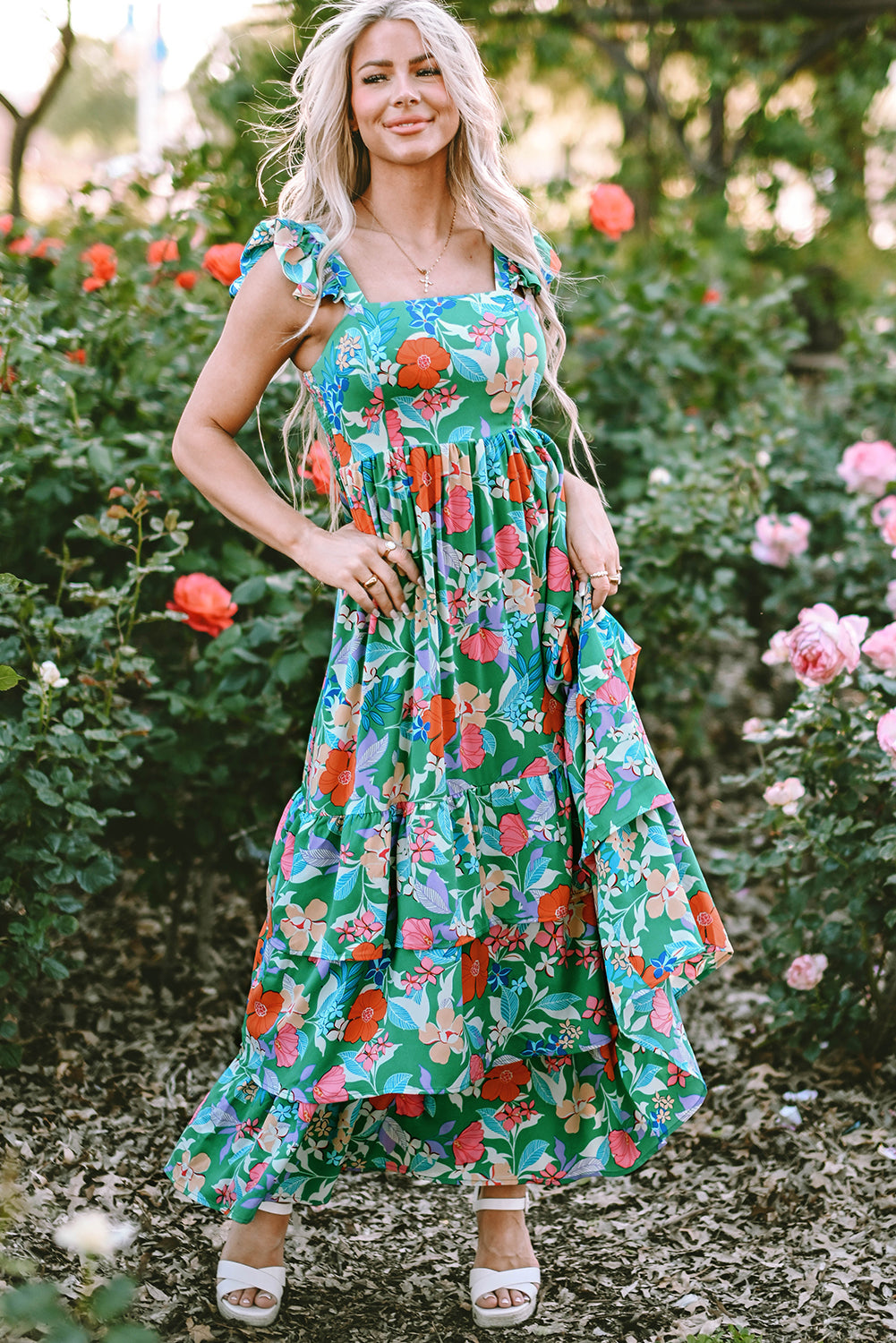 Blue Zone Planet |  Green Floral Print Sleeveless Ruffle Tiered Maxi Dress Blue Zone Planet