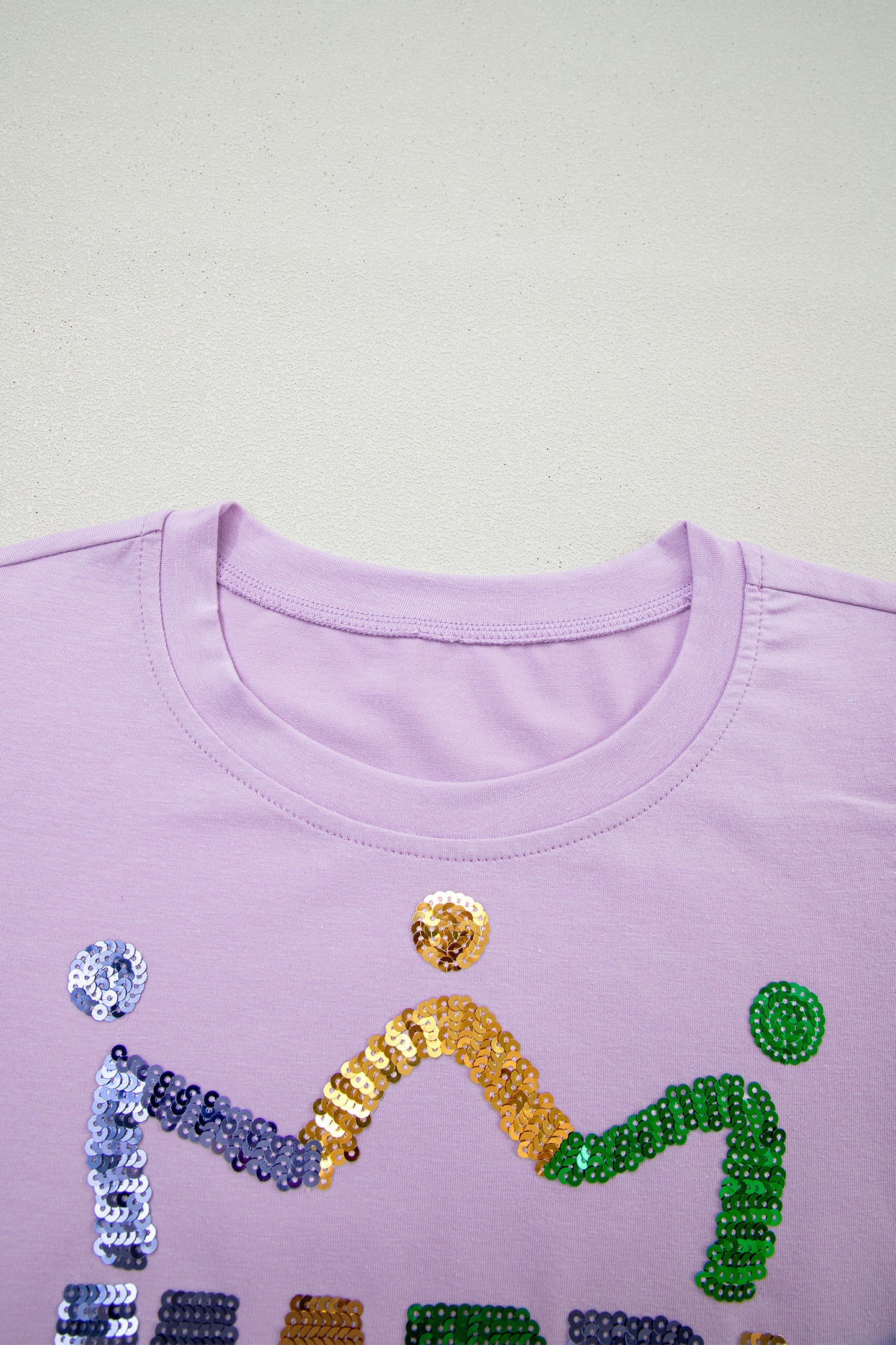 Orchid Petal Sequined Mardi Gras Graphic Patchwork T Shirt-Tops/Tops & Tees-[Adult]-[Female]-2022 Online Blue Zone Planet