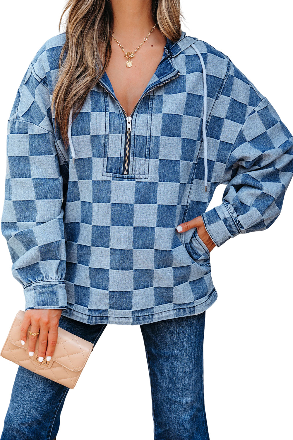 Sky Blue Checkerboard Zipped Neck Kangaroo Pocket Denim Hoodie-Tops/Sweatshirts & Hoodies-[Adult]-[Female]-2022 Online Blue Zone Planet