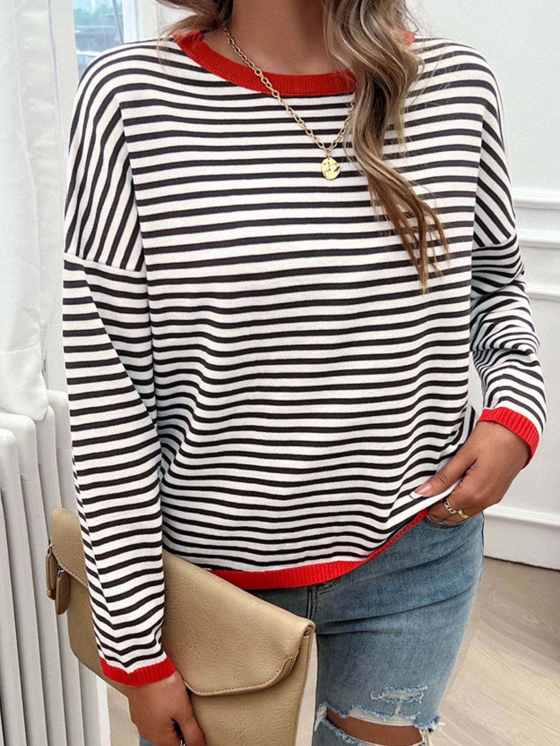 Striped Round Neck Dropped Shoulder Sweater-TOPS / DRESSES-[Adult]-[Female]-2022 Online Blue Zone Planet