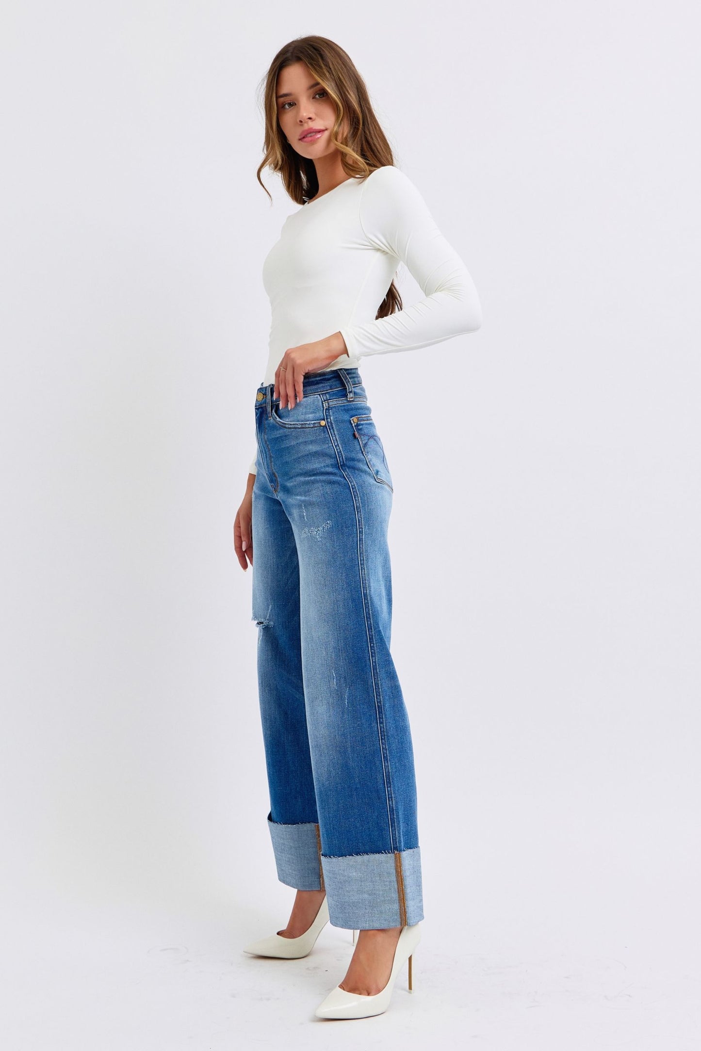 Blue Zone Planet | Judy Blue Full Size Distressed High Waist Wide Leg Jeans-BOTTOMS SIZES SMALL MEDIUM LARGE-[Adult]-[Female]-2022 Online Blue Zone Planet