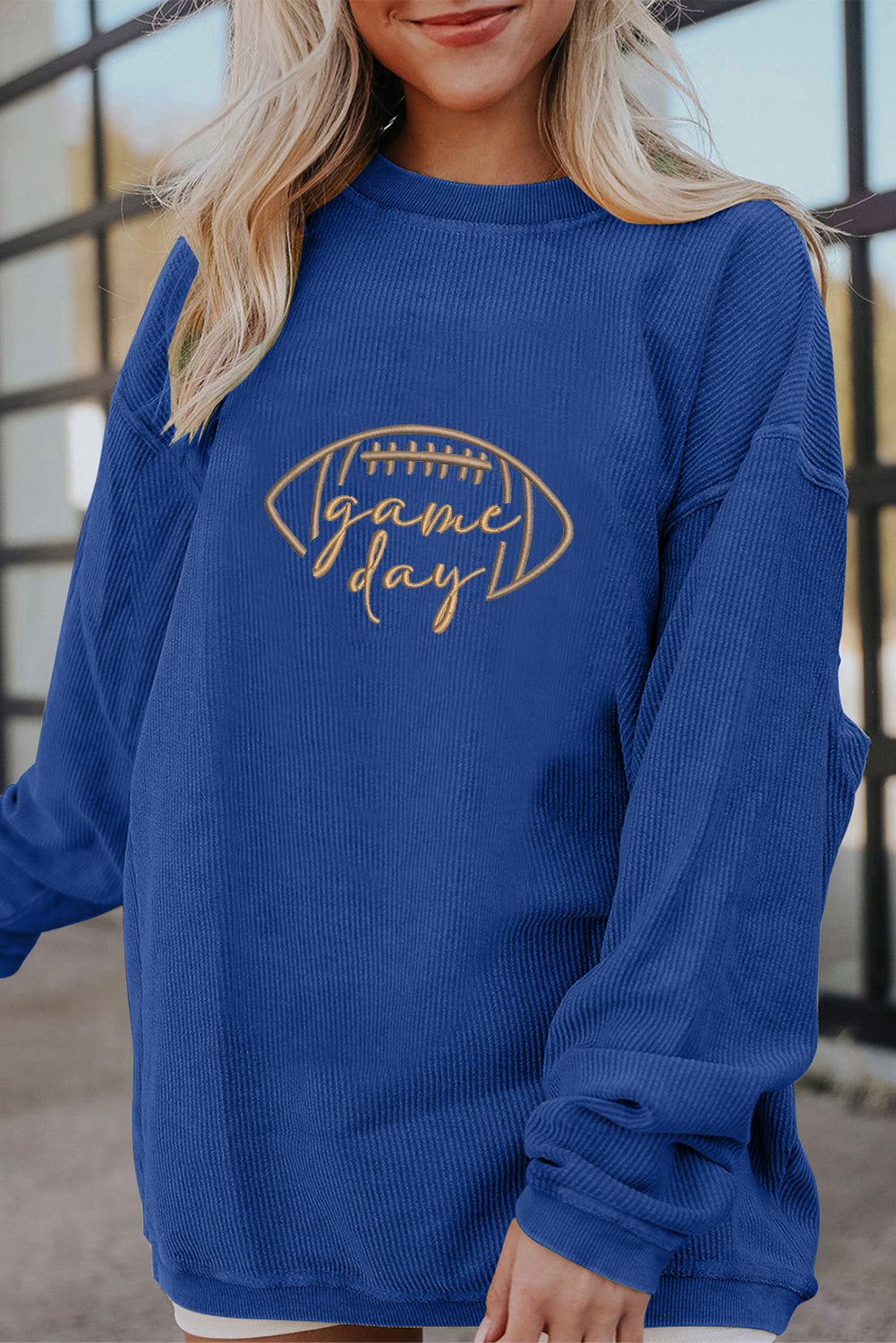 Dark Blue Rugby Game Day Embroidered Corduroy Sweatshirt-Graphic/Graphic Sweatshirts-[Adult]-[Female]-Dark Blue-S-2022 Online Blue Zone Planet